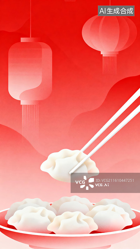 【AI数字艺术】红灯笼背景下的饺子与筷子图片素材