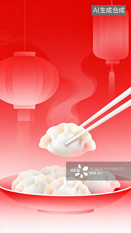 【AI数字艺术】红灯笼背景下的饺子与筷子图片素材