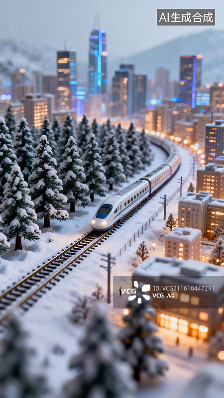 【AI数字艺术】雪中列车驶向都市天际线图片素材