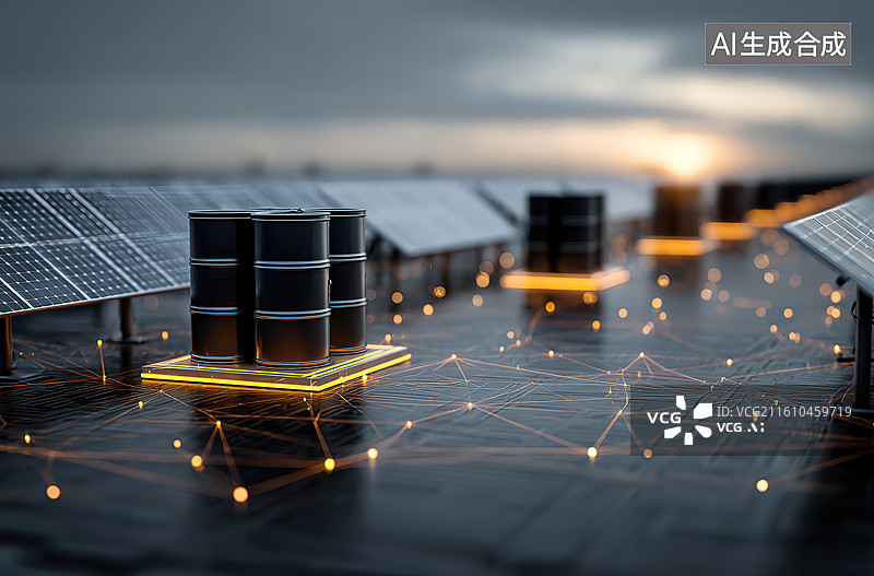 【AI数字艺术】太阳能板与油桶的科技融合场景图片素材