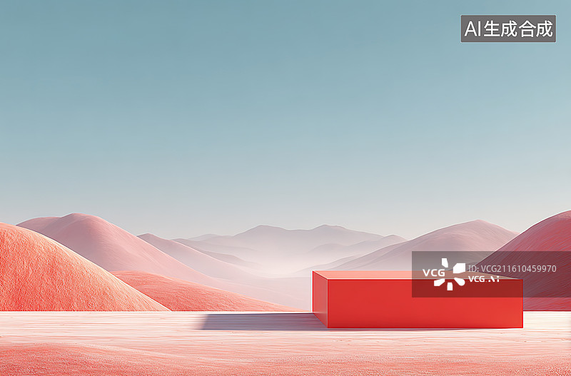【AI数字艺术】红色方块置于沙漠丘陵间图片素材