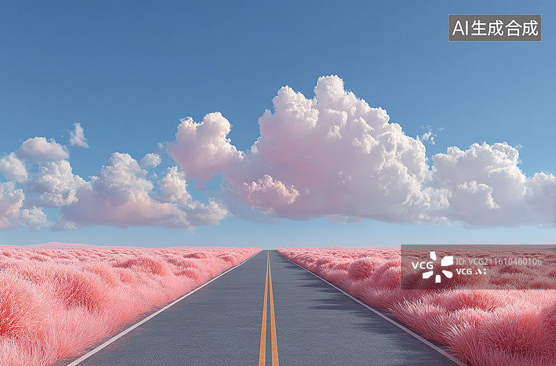 【AI数字艺术】粉色草原上的笔直公路图片素材