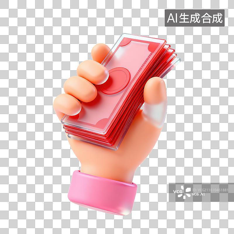【AI数字艺术】3D磨砂玻璃材质手势手拿钱币纸币元素图片素材