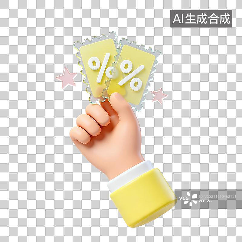 【AI数字艺术】3D磨砂玻璃材质手势手拿带%百分号的优惠券元素图片素材