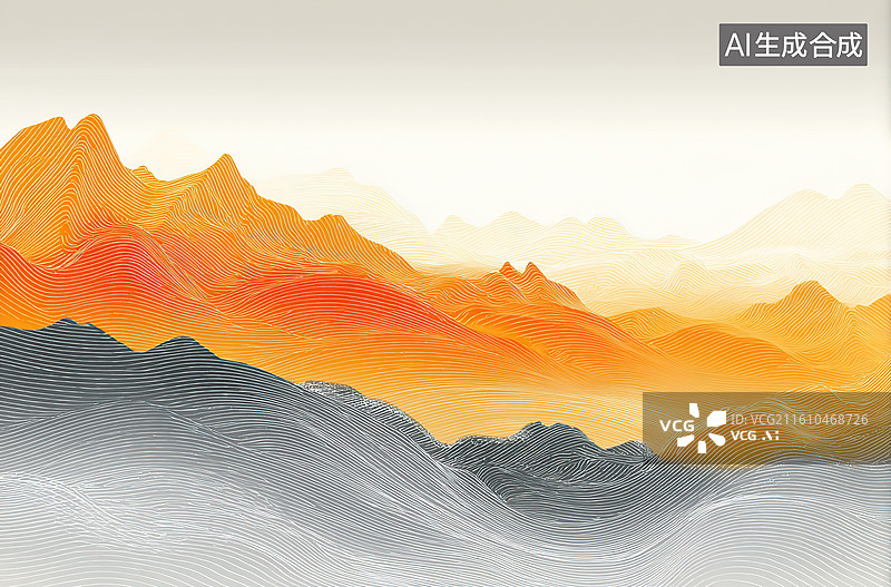 【AI数字艺术】橙色山脉与灰色波浪景观图片素材