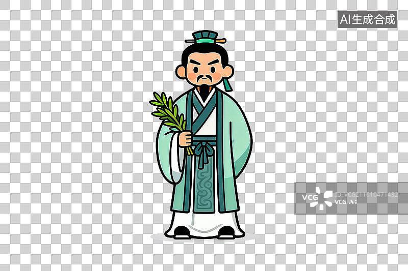 【AI数字艺术】卡通风格，历史人物，手拿艾草的屈原PNG格式的免扣元素图片素材
