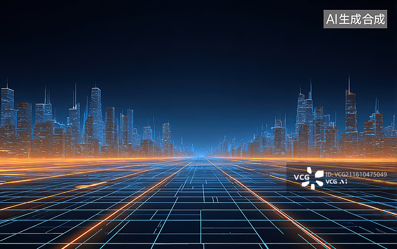 【AI数字艺术】未来城市夜景与光网格道路图片素材