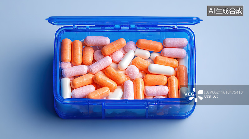 【AI数字艺术】蓝色药盒中的多种胶囊图片素材