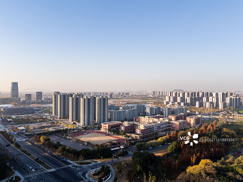 日出时分，杭州钱塘区大江东江海之城现代化新城航拍图片素材