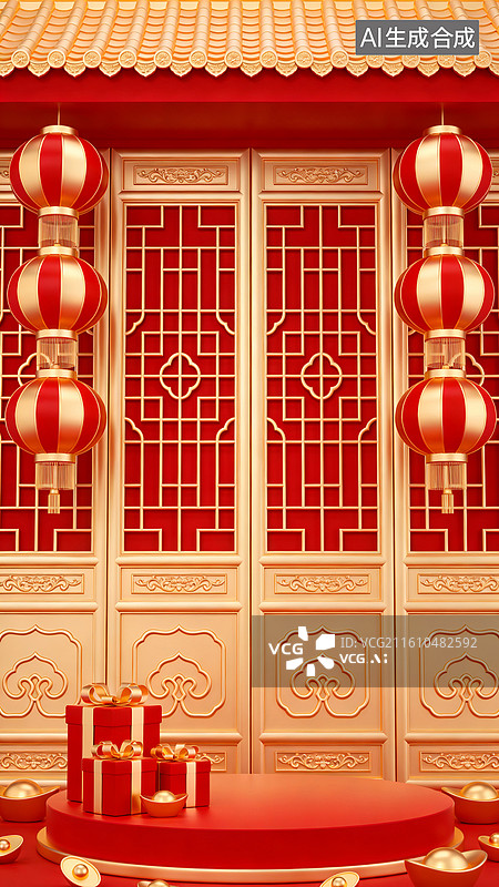 【AI数字艺术】红色大门与灯笼前堆着礼物图片素材
