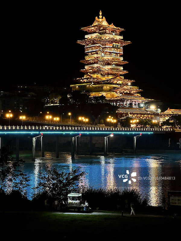 四川绵阳地标越王楼与涪江夜景风光图片素材