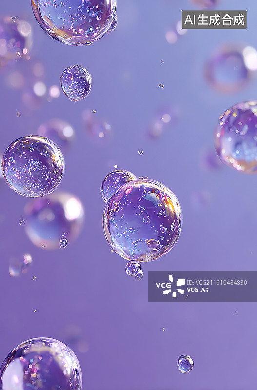 【AI数字艺术】紫色背景下的水珠悬浮图片素材
