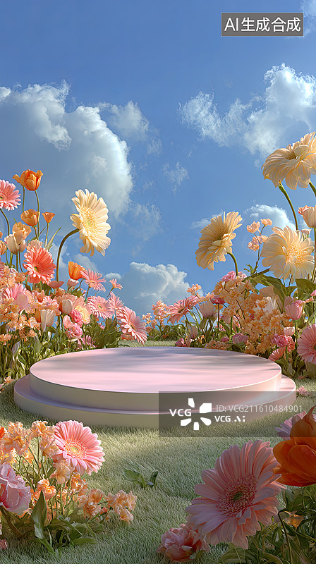 【AI数字艺术】花海中的圆形平台图片素材