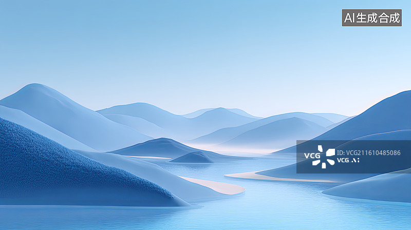 【AI数字艺术】蓝色山丘与静谧湖面图片素材