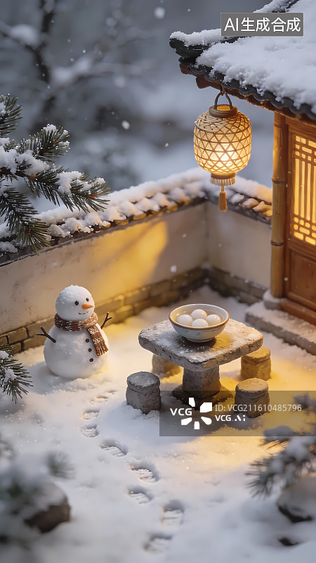 【AI数字艺术】冬至雪景古院底图，雪人伴暖灯映积雪，暖冬氛围适配节气海报，显佳节温馨。图片素材