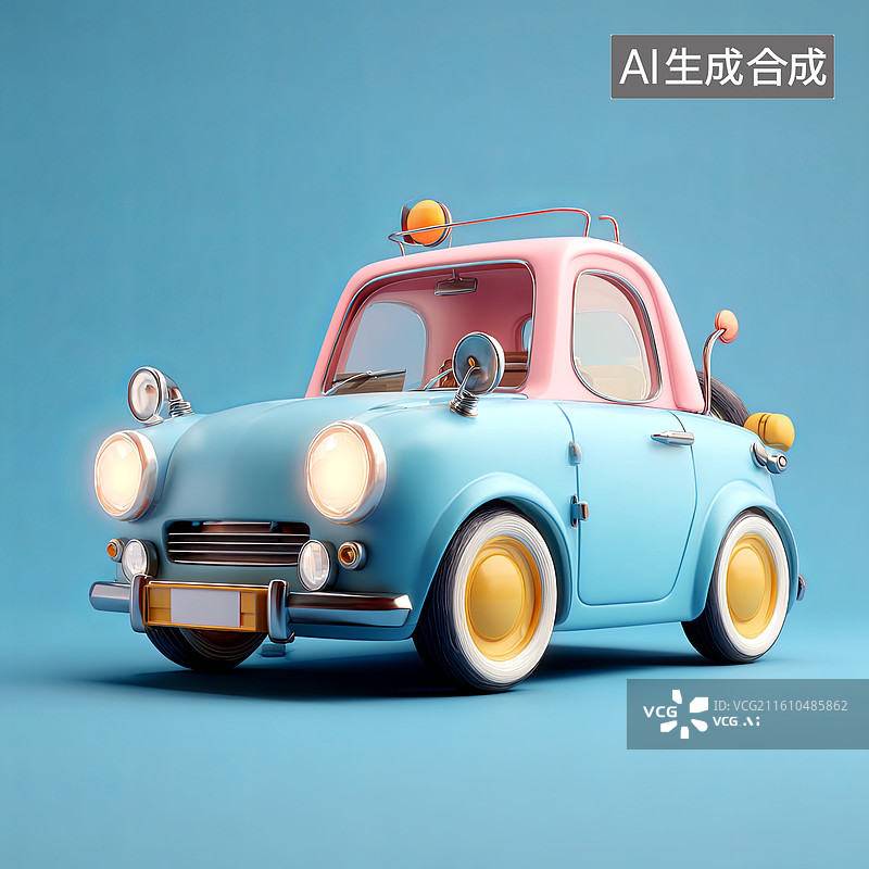 【AI数字艺术】卡通风格蓝色复古小汽车图片素材