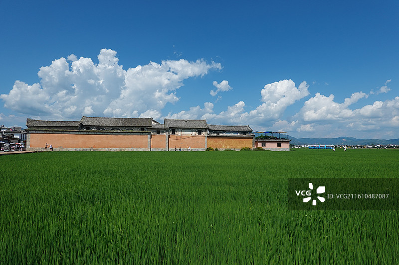 云南大理洱海喜洲古镇：喜洲稻田和喜林苑杨家苑图片素材