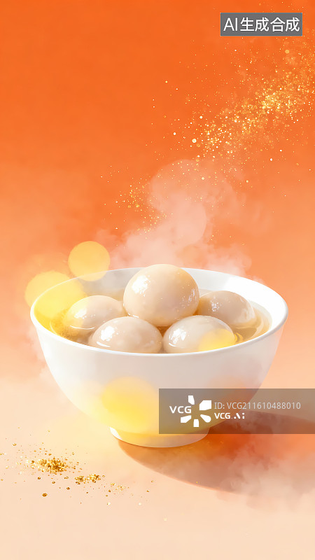 【AI数字艺术】弥散风冬至海报底图，暖调汤圆碗裹热气金闪，显节令暖食氛围，适配冬至海报设计。图片素材