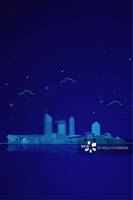 山西太原城市地标建筑群天际线蓝色科技线条矢量插画海报图片素材