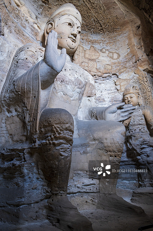 山西省大同市云岗石窟风光——第3窟灵岩寺洞“弥勒洞”佛像图片素材