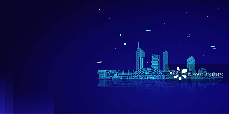 山西太原城市地标建筑群天际线蓝色科技线条矢量插画展板海报图片素材