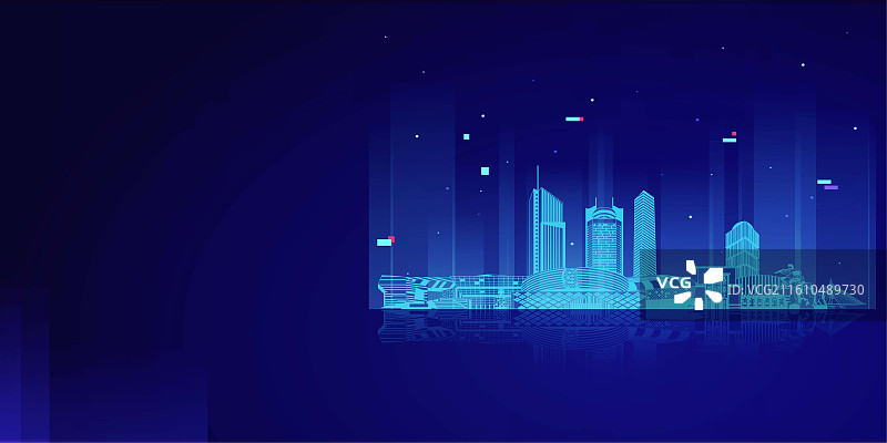 山西太原城市地标建筑群天际线蓝色科技线条矢量插画展板海报图片素材