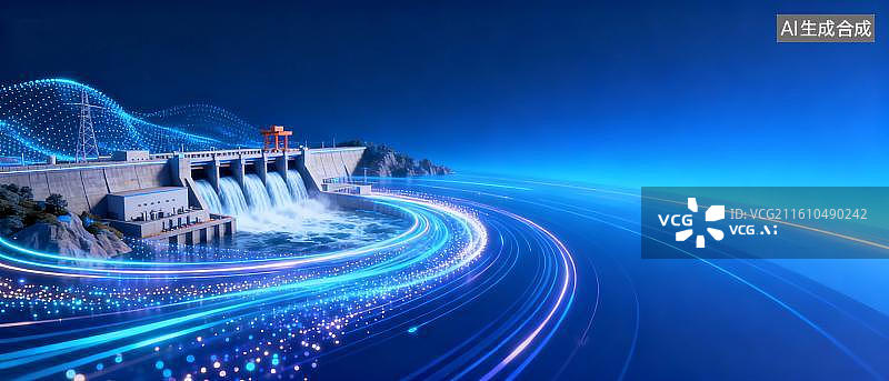 【AI数字艺术】科技感水电站粒子光效海报背景图片素材