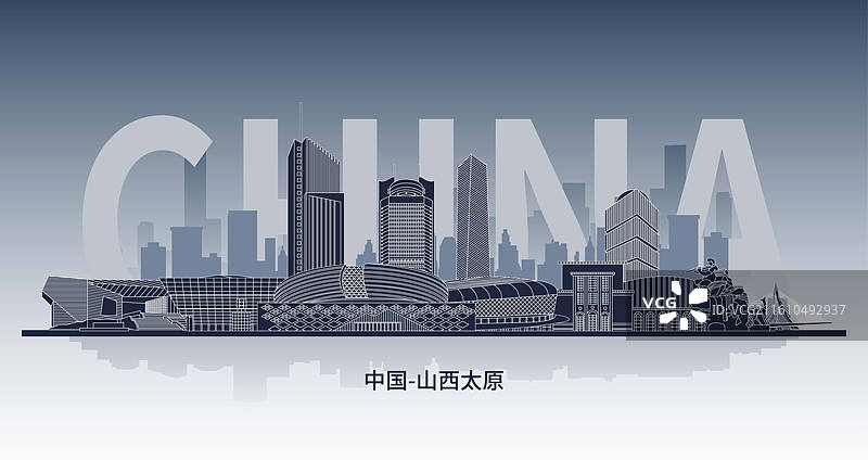 山西太原城市地标建筑群天际线的剪影线条矢量插画海报设计模板图片素材