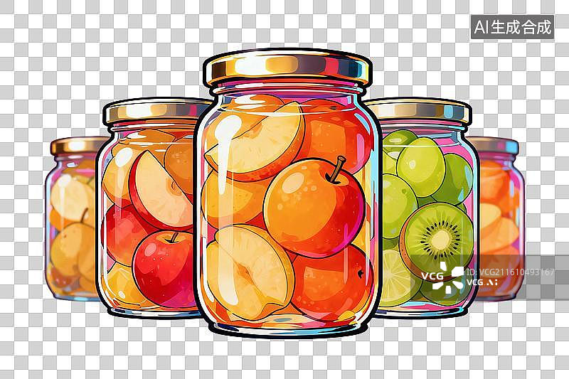 【AI数字艺术】卡通风格，几瓶水果罐头PNG格式的免扣元素图片素材