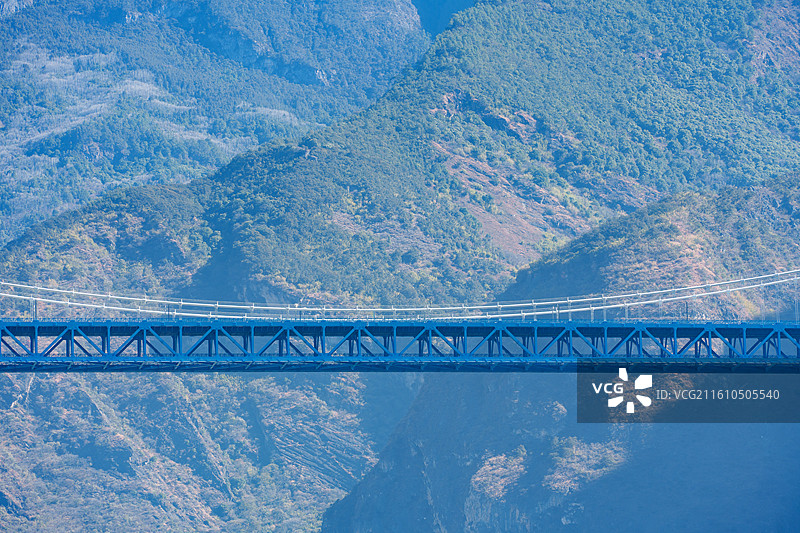 云南省丽江香格里拉虎跳峡附近金沙江峡谷段丽香铁路大桥横跨金沙江“蓝桥嵌翠岭”的特写镜头图片素材