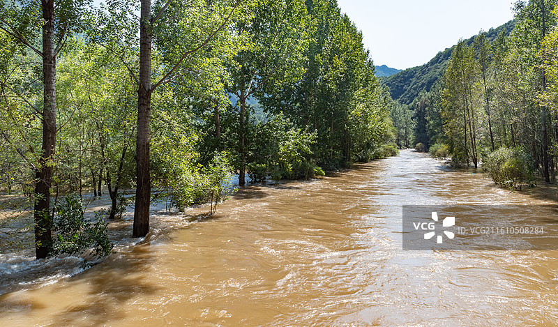 夏天北京延庆百里山水画廊白河汛期洪水激流图片素材