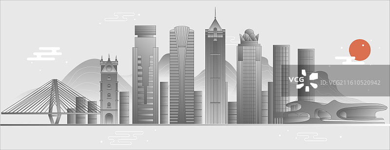 海南海口地标建筑城市天际线矢量天邑国际大厦 海口钟楼 海航国际广场 世纪公园 云洞图书馆 东方广场图片素材