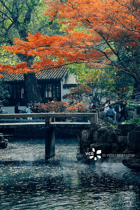 苏州拙政园 东方美学 中国风 园林艺术 建筑 秋景 秋天 枫叶 红色 色彩 治愈图片素材