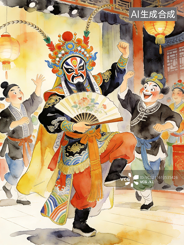 【AI数字艺术】国潮戏剧人物京剧川剧黄梅戏脸谱面具插画图片素材