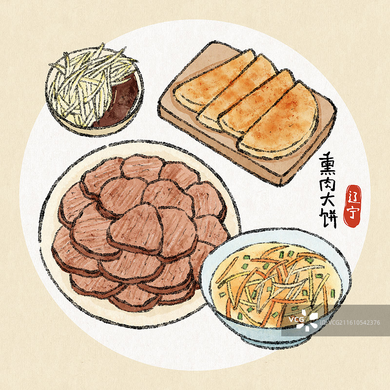 辽宁美食插画-熏肉大饼图片素材
