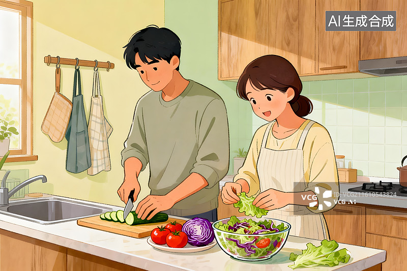 【AI数字艺术】情侣厨房准备沙拉图片素材