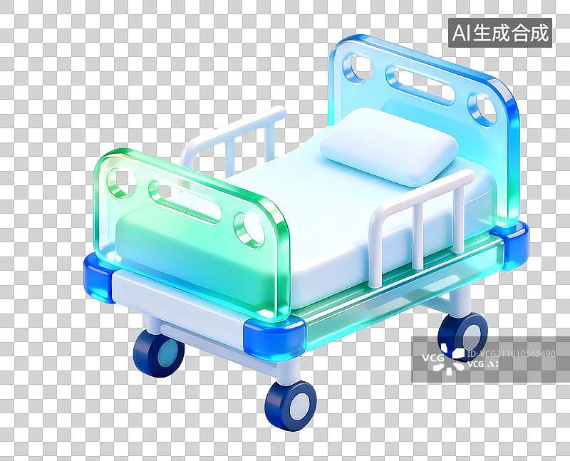【AI数字艺术】AIGC：3D透明玻璃材质 果冻风格医院的病床，医疗用品，住院，设计元素，免抠图图片素材