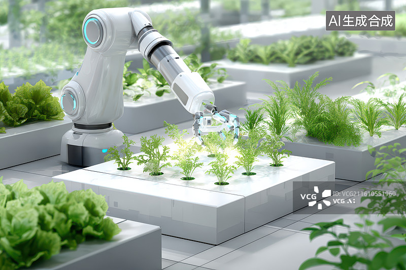 【AI数字艺术】机械臂培育作物的智慧农业场景图片素材