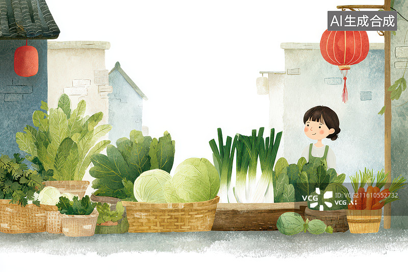 【AI数字艺术】古巷菜摊旁的小女孩生活插画图片素材