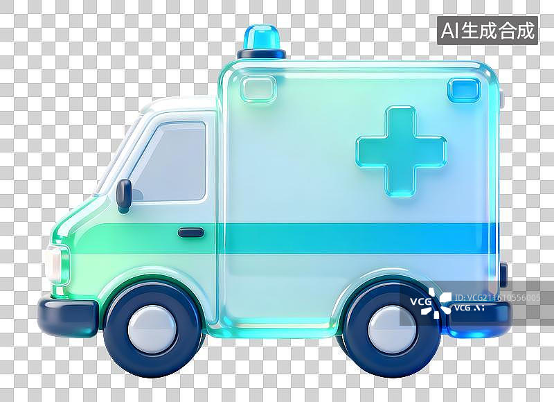【AI数字艺术】AIGC：3D玻璃材质 果冻风格 医院救护车，紧急救援，设计元素，免抠图形图片素材