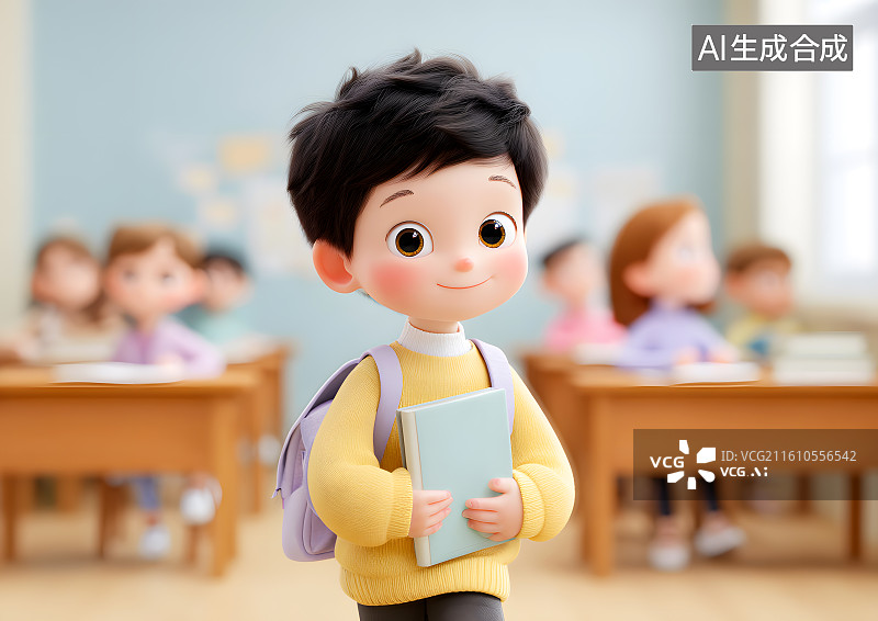 【AI数字艺术】教室里一个可爱的小学生图片素材