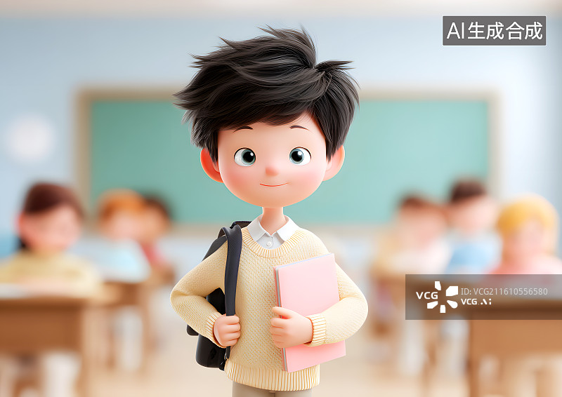 【AI数字艺术】教室里一个可爱的小学生图片素材