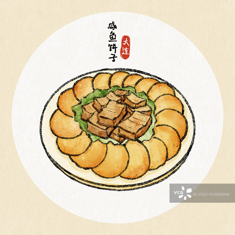 辽宁美食插画-咸鱼饼子图片素材