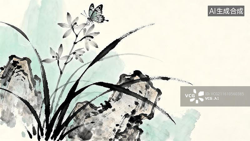 【AI数字艺术】水墨画  兰花蝴蝶假山石背景图片素材