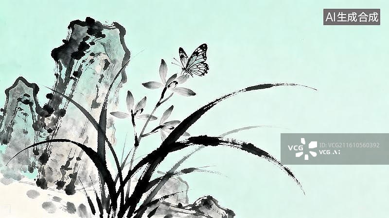 【AI数字艺术】水墨画  兰花蝴蝶假山石背景图片素材