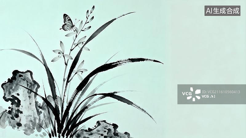 【AI数字艺术】水墨画  兰花蝴蝶假山石背景图片素材
