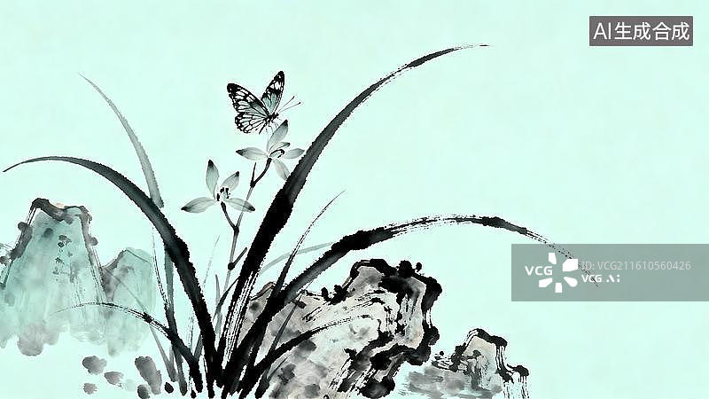 【AI数字艺术】水墨画  兰花蝴蝶假山石背景图片素材