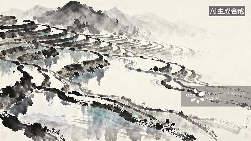 【AI数字艺术】传统水墨山水梯田图图片素材