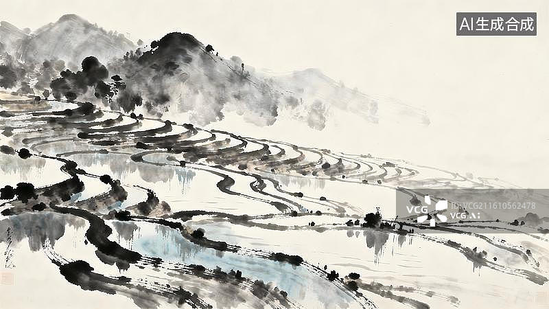 【AI数字艺术】传统水墨山水梯田图图片素材