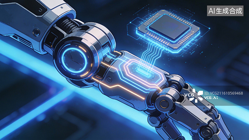 【AI数字艺术】机械臂连接芯片的科技场景图片素材